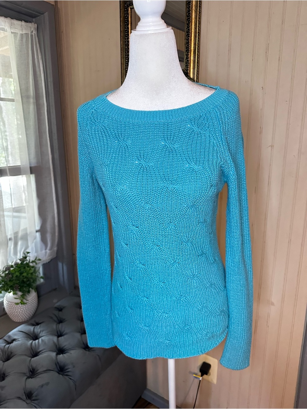 Liz Claiborne Blue Textured Knit Sweater Women’s Small Cotton Blend Crewneck